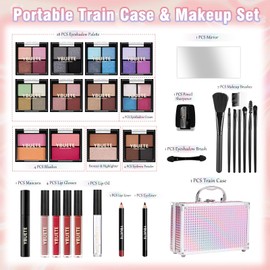 YBUETE Makeup Kit with Train Case for Teen Girl Women, Full Starter Cosmetic Set, Beginner Makeup Present, Reusable Full Cosmetic Train Case for Girl, Included Eyeshadow Blush Contour Eyebrow (Purple)