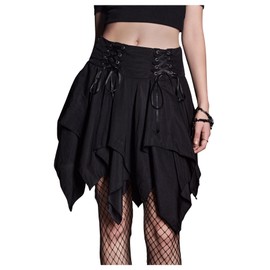 SHENHE Women's Goth Mini Skirt High Waist Asymmetrical Flowy Swing Grunge Punk Fairy Skirt Black Large