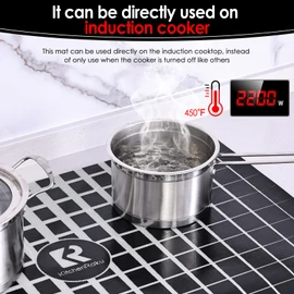 KitchenRaku Checkered Large Induction Cooktop Protector Mat with Plastic Bowl Scraper, (Magnetic) Electric Stove Burner Covers (Monochrome Checkered Pattern, 20.8x24 inch)