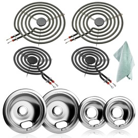 MP22YA Electric Burner Element Replacement and W10196405 W10196406 Silver Drip Pan Set by Fetechmate Compatible with May-tag Ken-more Whirl-pool Electric Stove Burner Elements Includes cleaning cloth