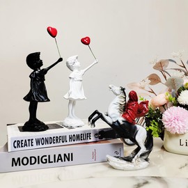 Yahu Lando Banksy Street Graffiti Art Statue,Love Balloon Girl Statue,Room Decor Ornaments,Living Room Dining Desk Decorations,Bookshelf Decorative Objects(White)