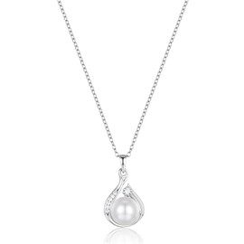 Lipernulo 18K Gold Freshwater Cultured Pearl Necklace, 8mm Infinity Single Pearl Pendant with 16" Sterling Silver Chain, Mothers Day Anniversary Birthday Wedding Jewelry Gifts for Women, Silver