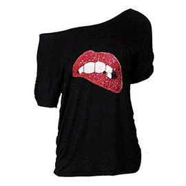 MAGICMK Women Casual Plus Size Lips Print Off Shoulder T-Shirt Tops (XL, Black+SEQU)