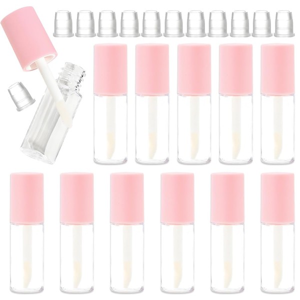 12Pcs Empty Lip Gloss Tubes, Visible DIY, 1.2ml Pink Round