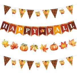 KALEFO 4Pcs Happy Fall Decor Set Harvest Thanksgiving Garland Banners Pumpkin Theme Party Supplies Orange Yellow Autumn Decorations