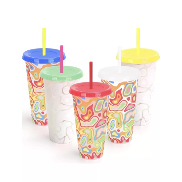 Color Changing Cups, 5-Pack 24 oz Plastic Cups with Lids