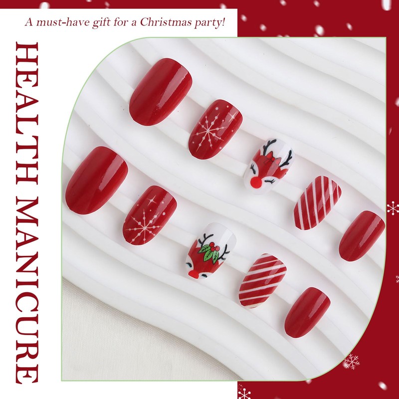 Christmas Press On Nails Almond Medium, 24pcs Christmas Fake Nails
