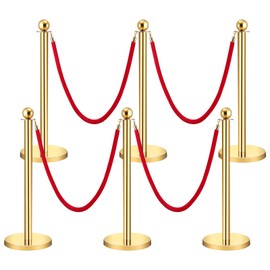 Hipicute 6 Pieces Stainless Steel Stanchion Post Queue, 5 Ft Solid Base Red Velvet Ropes Carpet Ropes and Posts, Ball Top Crowd Control Barrier, Line Dividers for Theater, Party, Wedding, Gold