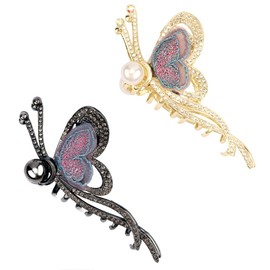 Tihebax Butterfly Hair Claw Clips for Women - 2Pcs Metal Large Butterfly Jaw Clips for Thick Hair with Pearls and Crystals, Strong Hold Non Slip Claws