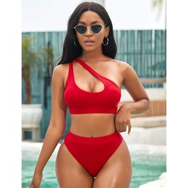 NAFLEAP One Shoulder Cutout Red Bikini Set for Women High Waisted Bottom Swimsuit Two Piece Bathing Suit, L