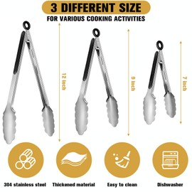 Loppdece Stainless Steel Kitchen Tongs,9 Pieces Cooking Tongs,Non-Slip Metal Food Tongs for Cooking,Heat Resistant 600 Degrees,Heavy Duty Metal Locking Tongs,Perfect for Salad and BBQ(7, 9, 12 Inch)