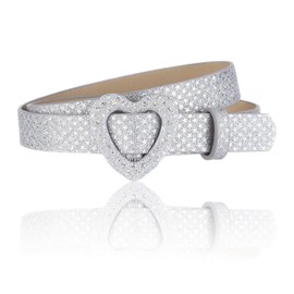 NiceYnn Cute Shiny Skinny Thin Belt for Girls Boys, Kids Fashion Glitter PU Leather Adjustable Waist Belt Strap for Jeans Pants Dress, Youth Teens Sports Belt Silver Heart