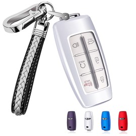 YaSeim Key Fob Cover,Soft TPU Full Protection Car Key Protector with Leather Keychain Compatible with Hyundai Genesis GV80 GV90 G70 G80 G90 GV70 6 8 Buttons Shell Accessories