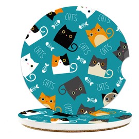Colorful Cute Cats Car Coasters for Cup Holders, Absorbent Ceramic Coaster with Cork Back, Car Accessories Gifts for Men Women, 2PCS Universal Anti Slip Car Accessories, Cup Mat for Most Car Interior