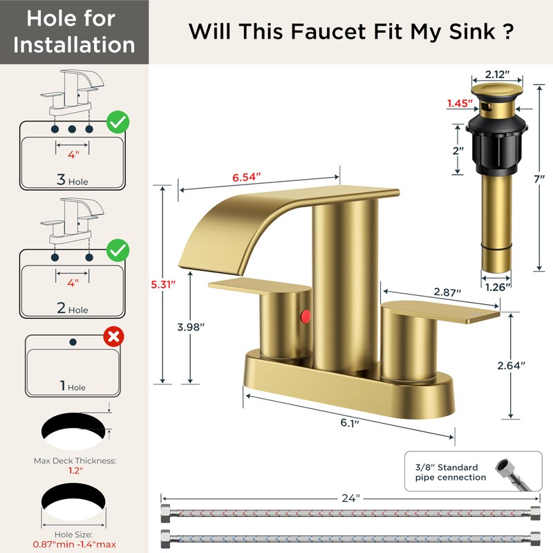 FORIOUS Brushed Gold Bathroom Sink Faucet, Waterfall 4 Inch Centerset