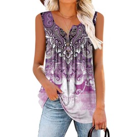BETTE BOUTIK Button up Women Tank Summer Dresses for Women 2024 Womens Tunics for Summer PurpleWhite Large