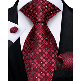 DiBanGu Men's Plaid Black Red Necktie Regular Adjustable Pre-Tied Tie and Pocket Square Cufflinks for Wedding Business