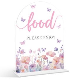 Food Please Enjoy Sign - Butterfly Baby Shower Sign, 1 Pack Arch Acrylic Sign with Stand, Gender Reveal Party Table Decor, Purple Butterfly Baby Shower Supplies (SE11)