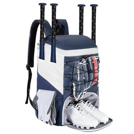 Softball bag for youth adult, sturdy leather baseball bat backpack with shoe compartment, waterproof baseball bag with fence hook for tball bat & equipment - Color: NavyWhite, Size: Default