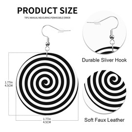 Swono Black and White Spiral Round Faux Leather Earrings for Women Hypnosis Theme Circle Swirl Geometric Radial Line Abstract Style Lightweight Double-Side Printed Drop Dangle Earring for Gift