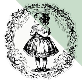 'Vintage Girl Standing in Circle Frame' Clear Sticker Decal – Waterproof Film for Windows, Cars, Walls & Crafts, Large (210mm) (DC00138858)