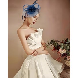 Unpifolov Fascinators Hats Flower Mesh Feathers Headband Girls and Women Headwear for Tea Party Wedding Derby Cocktail Hair Clip T-19 Navy Blue