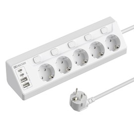 Ecksteckdose mit 2 USB C und 2 USB A, 5 Fach Steckdosenleiste einzeln Schaltbar, 4000W 16A, Wandmontage, 2M Kabel, Weiß – Mehrfachsteckdose für Küche & Schreibtisch 210015B12