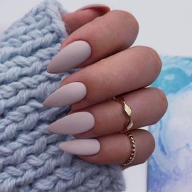 Matte Light Gray Press on Nails Almond Shaped Nails Press ons, Medium Fake Nails Almond Acrylic Nails Glue on Nail Medium Length False Nail for Women Thick Natural Gel Stiletto 24Pcs