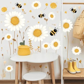 Daisy Floral Wall Stickers Boho Daisy Flower Vinyl Wall Decor for Baby Kids Bedroom Art Mural Peel and Stick Rustic Flowers Bee Decals for Nursery Home Living Room Summer Flowers Party Theme Supplies