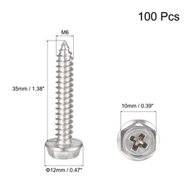 sourcing map Phillips Hex Washer Self Tapping Screws, M6 x 35mm 304 Stainless Steel Hex Flange Sheet Metal Screw 100pcs