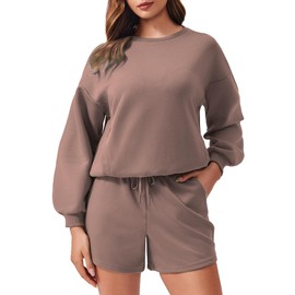 PINSPARK Short Sets Women 2 Piece Outfits Lounge Set 2024 Fall Travel Airport Sweat Set Drawstring Shorts High Waisted 4 Pockets Casual, Taupetastic Small