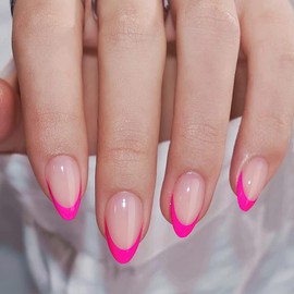 Mkwntg Hot Pink French Tip Press on Nails Short Almond Fake Nails Nude Pink Glossy Acrylic False Nails Natural Full Cover Glue on Nails Reusable Stick on Nails for Women Girls Artificial Nails 24Pcs
