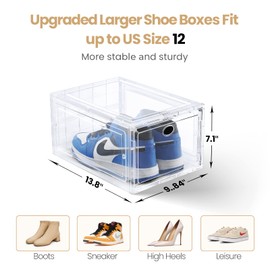 Amllas 12 Pack Clear Shoe Boxes Stackable,Shoe Storage Boxes for Closet,Sturdy Shoe Box Storage Containers with Clear Door,Sneaker Storage,Easy to Assemble,Fit up to US Size 12(13.8”x 9.84”x 7.1”)
