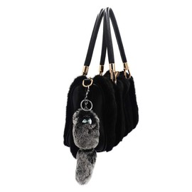 surell - Genuine Rex Rabbit Fur Pom Fox-Shaped Keychain with Bow Tie- Creature Pom Pon Fuzzy Bag Purse Charm Gift - Animal Lover's Fashion Accessory Key Chain Fob (Black Frost, Silver)