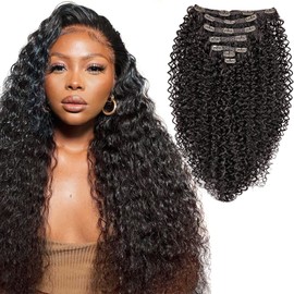 Curly Clip in Hair-Extensions Clips in-Human Hair Feelings Brown Jerry Curly Hair Extensions for Black Women Jerry Hair Extensions Curly Clip in Hair Extensions(#2 Brown)