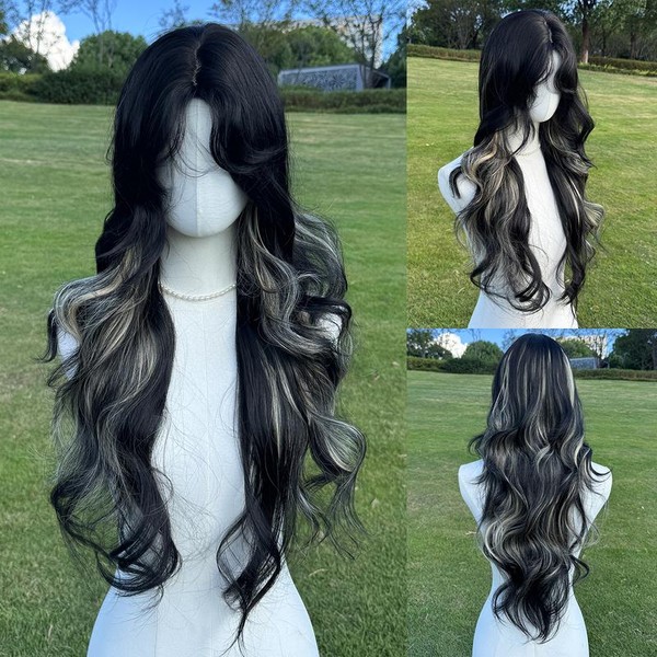 SMILCO/30Inch Highlight Black With Platinum Long Curly With Bangs Synthetic