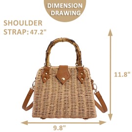 Straw Bag, Crossbody Bags for Women, Bohemian Handmade Woven Bag, Bamboo Handle Handbag Hard Box Handbags, Parties, Vacations Beach Bag(Khaki)