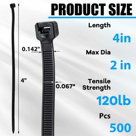 Reallnaive 500 Pcs 4 Inch Zip Ties Heavy Duty 120 Lbs Tensile Strength Black Nylon Wire Cable Ties Bulk for Indoor Outdoor