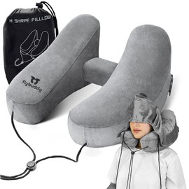 flybuddy Inflatable Neck Pillow for Traveling, Turtle Neck Pillow for Airplane Travel w/Travel Bag & Hood - Soft Microfiber Neck Pillow, Travel Accessory - Quickly Inflate in Seconds (Grey)