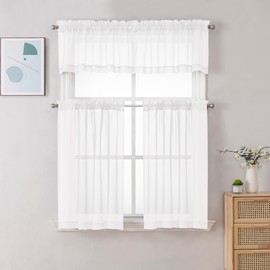 Chyhomenyc White Sheer Curtains 36 inch Length 2 Panels Set, Light Filtering Voile Rod Pocket Short Window Curtians for Bathroom Living Room Farmhouse Small Windows, Each 42Wx36L in, 2PCS, White