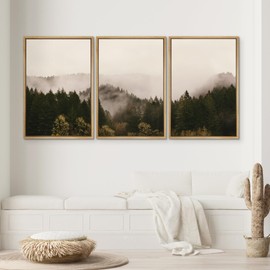 SIGNWIN 3 Piece Framed Canvas Wall Art Brown Foggy Mountains Nature Wilderness Photography Abstract Rustic Canvas Prints Home Artwork Decoration for Living Room,Bedroom - 24"x36"x3 Natural