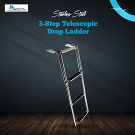 MARINE CITY 304 Stainless Steel 3-Step Telescopic Drop Ladder with Extra Wide Curved Steps and Gangplank for Marines, Boats, and Yachts