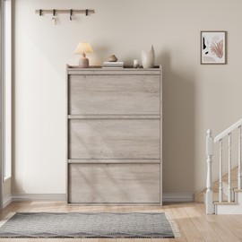 IDEALHOUSE 3 Shoe Cabinet with Flip Drawers, Wooden Shoe Cabinet with Adjustable Shelf, Freestanding Shoe Organizer, Hidden Shoe Storage for Entryway Hallway, Living Room, Grey