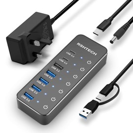 RSHTECH Powered USB Hub 3.1/3.2 Gen2, 7-Port USB C Hub with 4 USB-A 3.0 Ports, 10Gbps USB-A & 2 USB-C Data Ports, Aluminum USB Splitter for Laptops, PC and More (Upgraded Version, RSH-ST07C)