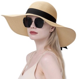 DRESHOW Women's Straw Hat with Wide Brim Floppy Foldable Cap Beach Sun Hat UPF 50+, Wide Brim Sun Hat: Beige