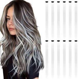 Colored Hair Extensions Clip In, 12 Pieces, White