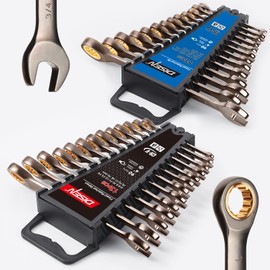 DISEN 90 Teeth Combination Ratcheting Wrench Set 26 Piece, Metric Wrenches 6MM-19MM and SAE Wrenches 1/4 Inch-13/16 Inch, Cr-V Steel, 12 Point, Nickel Plating with Organizer