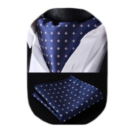 HISDERN Men's Check Polka Dot Floral Jacquard Woven Ascot Set, One Size, Navy Blue / Orange