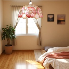 Capiz Shell Pendant Lampshade – Handcrafted Floral Ceiling Light Shade, 30cm, Vintage Style, Red and Green Design for Living Room, Bedroom, Dining Room (S34)