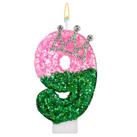 Pink and Green Birthday Witch Candle, Pink and Green Sequin Number Candle with Rhinestone Crown Embellishment for Birthday Party Wedding Anniversary Decor(Number 9)